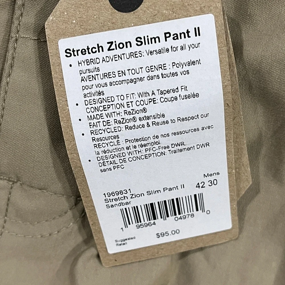Prana Stretch Zion Slim II Tapered Leg Pants Mens 42x30 Beige Water Repellent